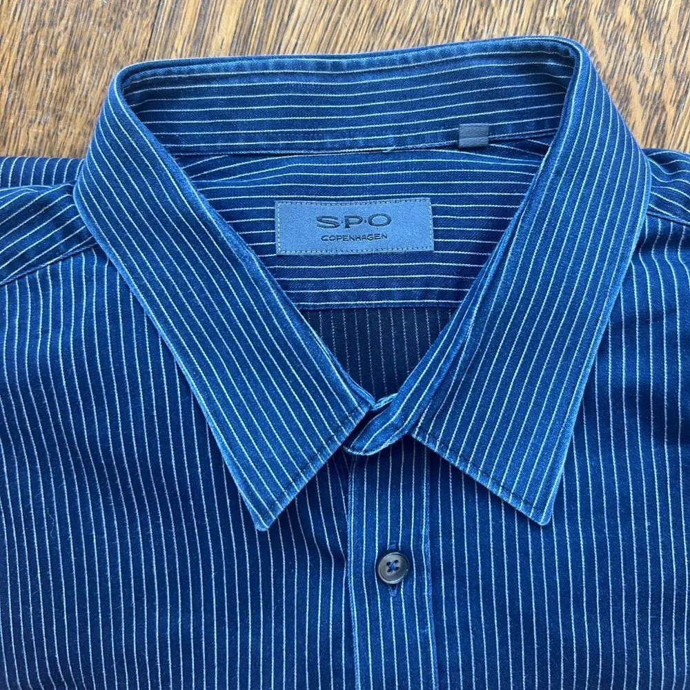 Sand Copenhagen "SPO" Blue Pinstriped Button-Up Dress Shirt - Men's 18" / 46 - Picture 4 of 9